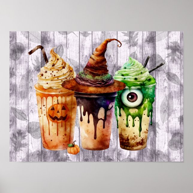 Póster Trío de acuarela para beber café de Halloween (Frente)