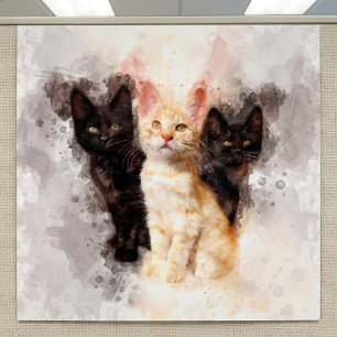 Póster Trío de acuarelas de adorables gatitos negros y na