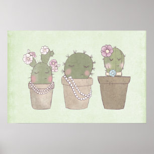 Póster Trio De Cactus Cute Con Joyería
