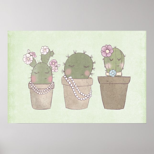Póster Trio De Cactus Cute Con Joyería (Frente)