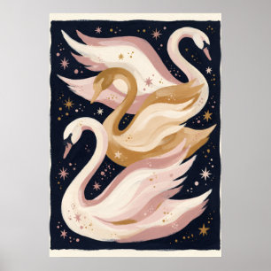 Póster Trío de Cisnes Celestiales Navy Blush Folk Art