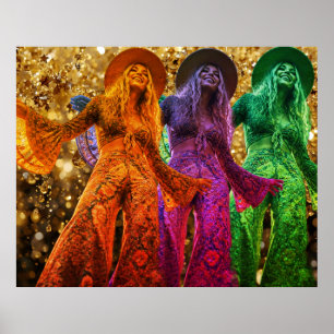 Póster Trío de dama bailando disco con traje de campana i