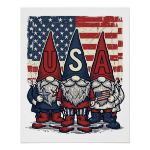 Póster Trío de gnomos patrióticos de EE. UU. Diseño vecto