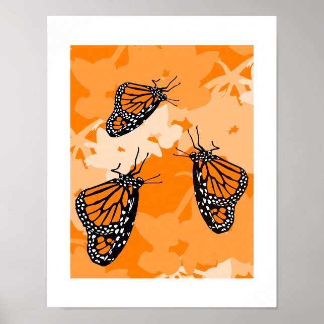 Póster Trío de hermosas mariposas monarca en planta de ci (Frente)