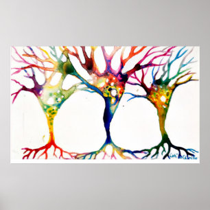 Póster Trío de neuronas piramidales pintadas con acuarela