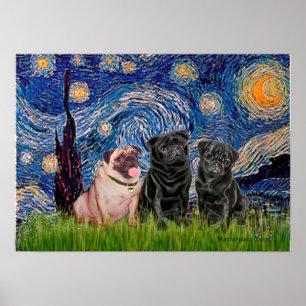 Póster Trío de Pugs (1H,2M) - Noche estrellada