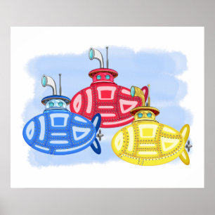 Póster Trío de submarinos coloreados creyón