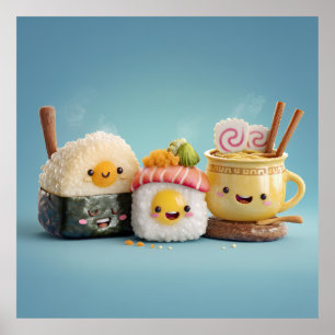 Póster Trío de Sushi Kawaii Azul