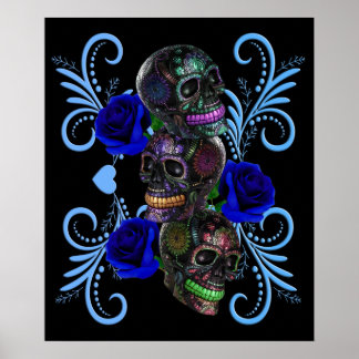 Póster Triple Día Negro De Los Cránulos Muertos Rosas Azu