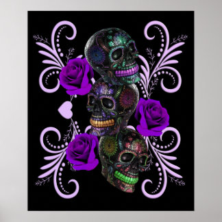 Póster Triple Día Negro De Los Cránulos Muertos Rosas Mor