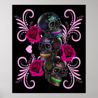 Póster Triple Día Negro De Los Cránulos Muertos Rosas Ros