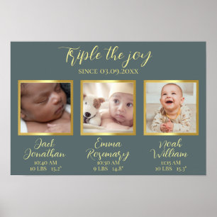 Póster Triplets nacimiento padres nuevos regalo decoració
