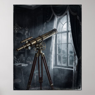 Póster Trípode de telescopio de latón, ventana de terciop