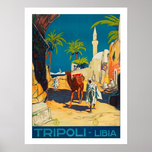 Póster Trípoli, Libia, badoun con camello, cosecha, viaje (Frente)
