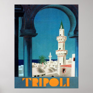 Póster Trípoli, Libia, vista de mezquita, viaje vintage