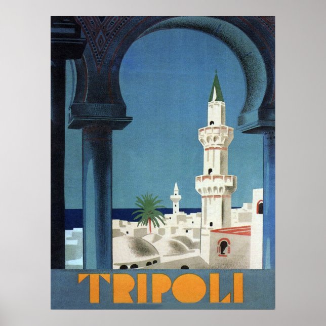 Póster Trípoli, Libia, vista sobre la mezquita, viaje vin (Frente)