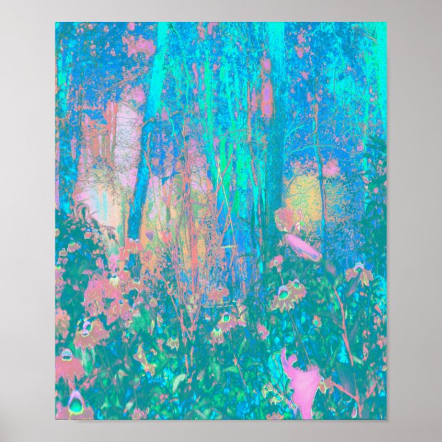 Póster Trippy Aqua Sunrise con flores psicodélicas (Frente)