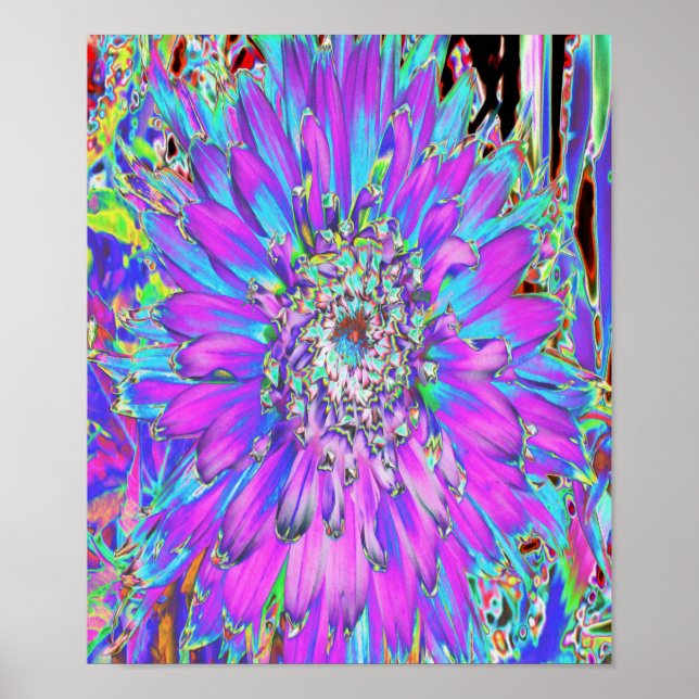 Póster Trippy Resumen Aqua, Lime Green y Purple Dahlia (Frente)