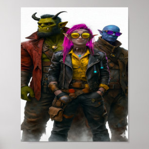 Póster Tripulación de fantasía - Ciberpunk Orc, Elf y Mys