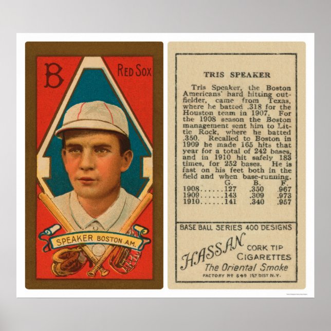 Póster Tris Speaker Red Sox Baseball 1911 (Frente)