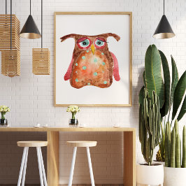 Póster Triste y divertida acuarela de búho rojo marrón pu