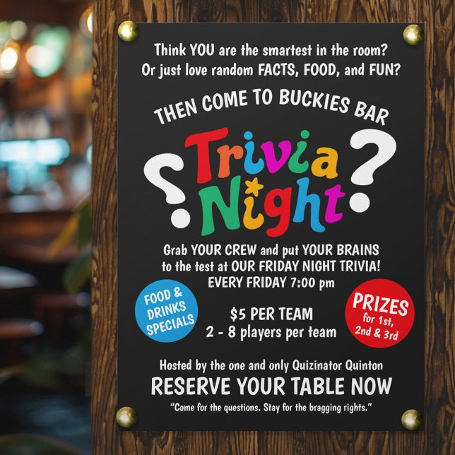 Póster Trivia Night game night colorful fun quiz  (Subido por el creador)