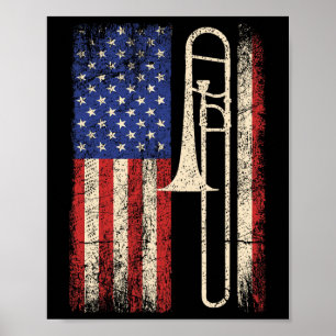 Póster Trombone Usa Bandera Estadounidense Jazz Etiqueta