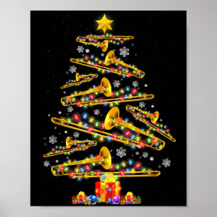 Póster Trompetista de Navidad Tocando Trombón en Árbol de