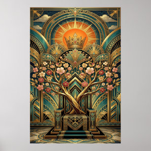 Póster Trono del árbol de flor de cerezo Art Deco dorado