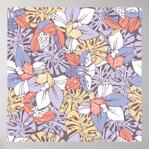 Póster Tropic seamless pattern with orchid and monstera l