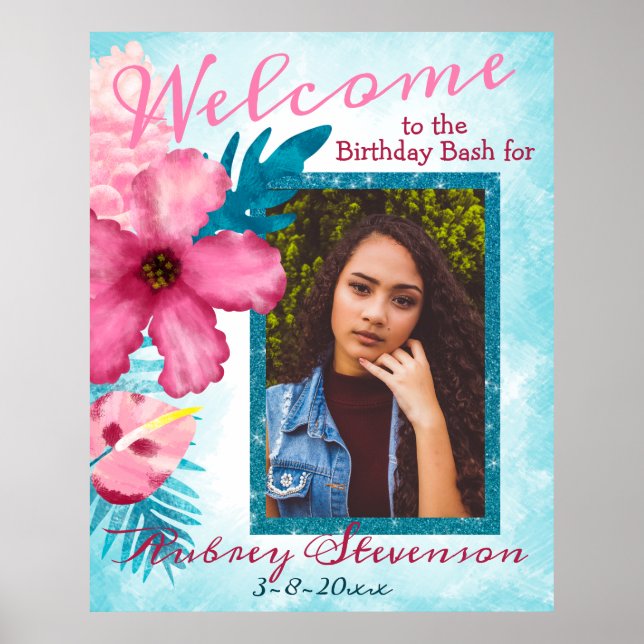 Póster Tropical Aqua Pink Birthday Welcome Poster (Frente)