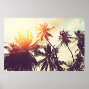 Póster Tropical beach background with palm trees silhouet