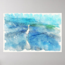 Póster Tropical Beach in Teal Aqua Turquoise Blue with Wh