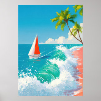 Póster tropical beach scene with sailboat and waves