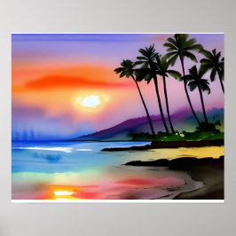 Póster Tropical Beach Scenic Watercolor  
