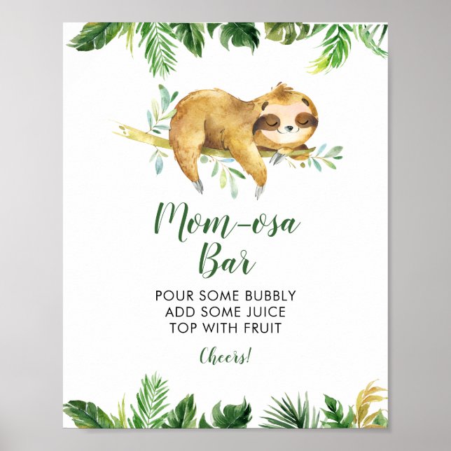 Póster Tropical Boy Sloth Baby Shower Mom-osa Bar (Frente)