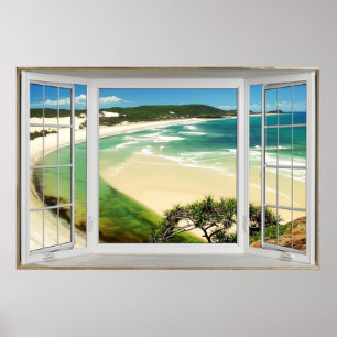 Póster Tropical Caribbean Beach Fake Window Illusion