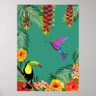 Póster Tropical Delight hummingbird toucan flowers 