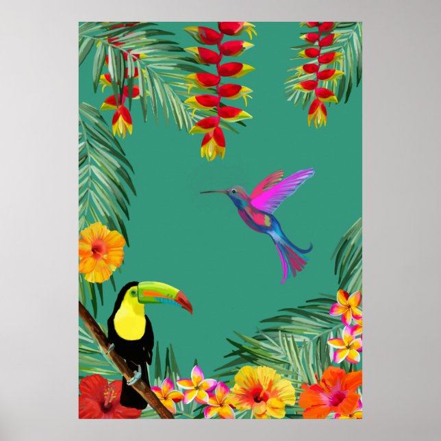 Póster Tropical Delight hummingbird toucan flowers  (Frente)