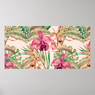 Póster Tropical flowers, orchid flower, jungle leaves, mo