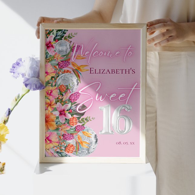 Póster Tropical Flowers Pink Neon Glow Sweet 16 Welcome (Subido por el creador)