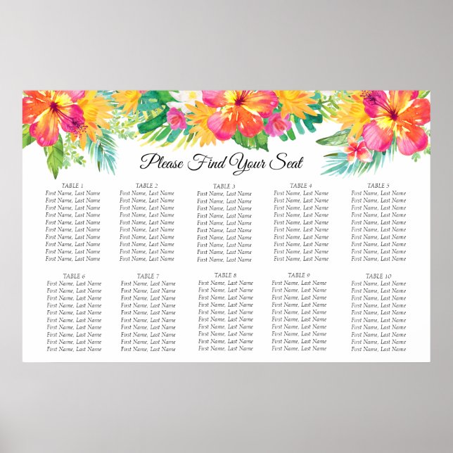 Póster Tropical Island Floral Wedding Seating Chart (Frente)