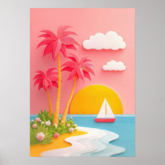 Póster tropical island scene with palm trees, sailboat