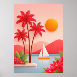 Póster  tropical island scene with palm trees,  sailboat