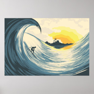 Póster Tropical island wave and surfer at sunset
