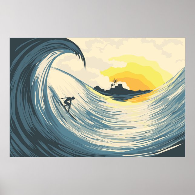 Póster Tropical island wave and surfer at sunset (Frente)