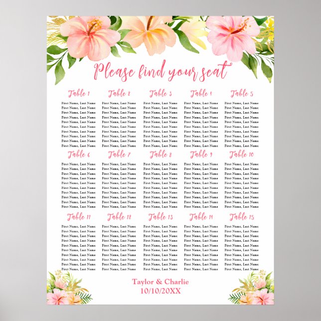 Póster Tropical Jungle Wedding 15 Tables Seating Chart (Frente)