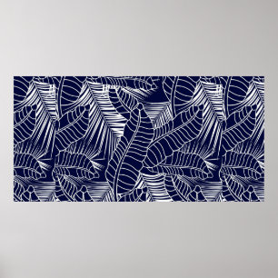 Póster tropical leaf pattern on the navy blue background