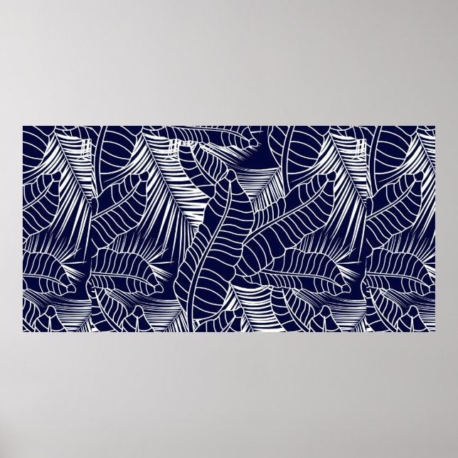 Póster tropical leaf pattern on the navy blue background (Frente)