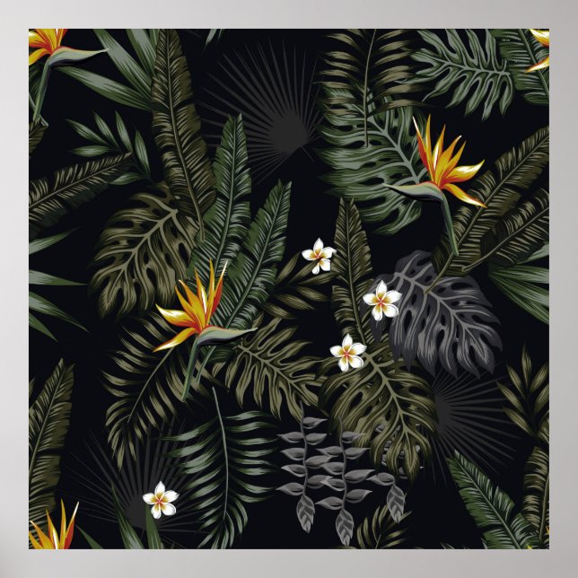 Póster Tropical leaves and flowers in the night style. Se (Frente)